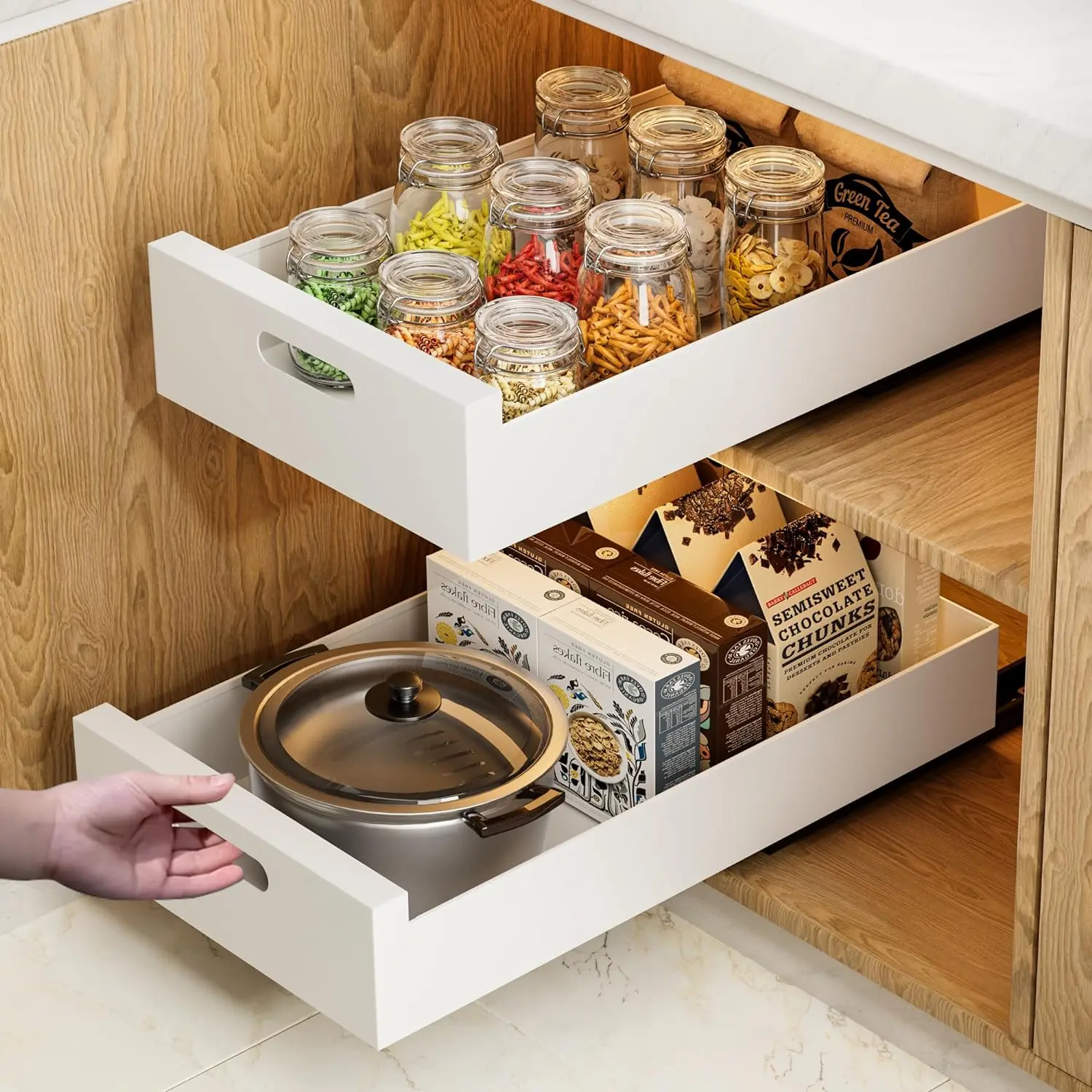 2 Pack Smooth Adhesive Pull Out Cabinet Organizer - 21in Deep, 10in Wide Sturdy Carbon Steel Roll-Out Drawers for Kitchen Frameless Cabinets, Easy Installation Shelf for Pantry, Vanity, Adhesive Mount