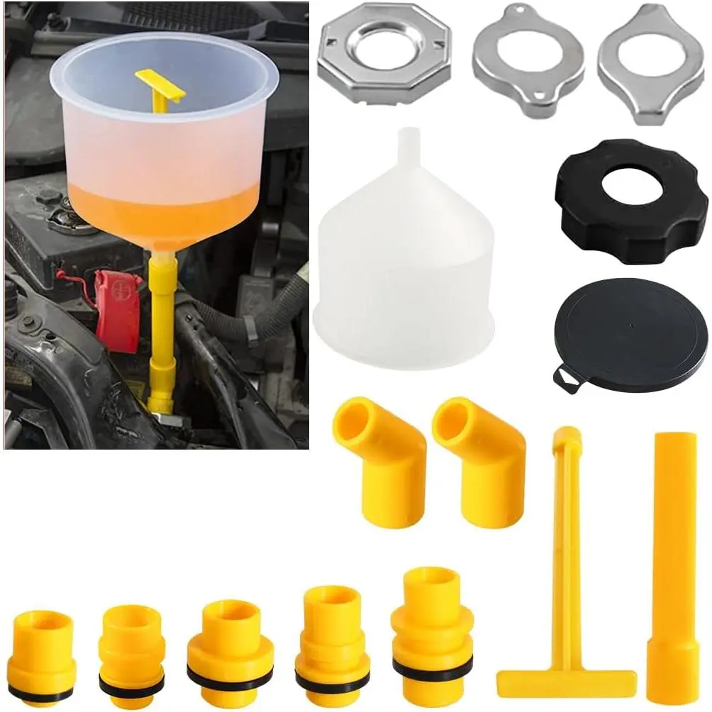 Osilly 15PCS No Spill Car Coolant Funnel Kit, Spill Free Vehicle Radiator Coolant Filling Funnel, Spill Proof Auto Radiator Funnel Bleeder Accessories with Adapters, Universal for Most Cars