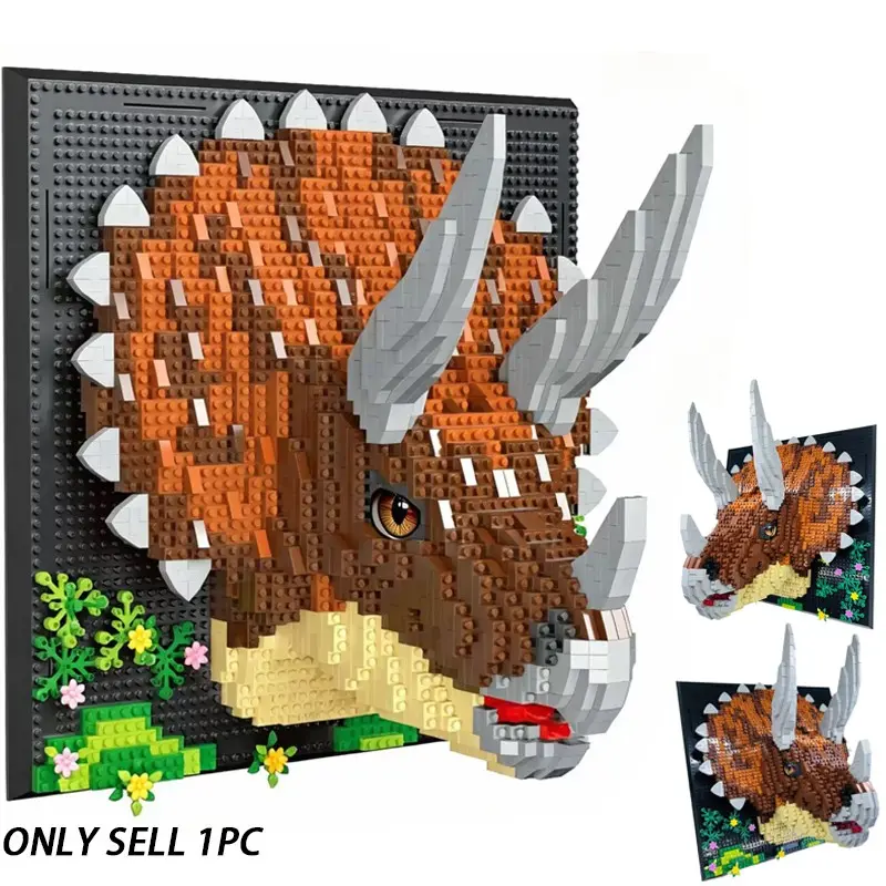 2000+pcs Dinosaur Theme 3D Building Block Interlocking Puzzle Blocks Wall Decor, Triceratops Pixel Art Assembly Toy, Creative Art Decoration, Adult Stress Relief DIY Craft Gift