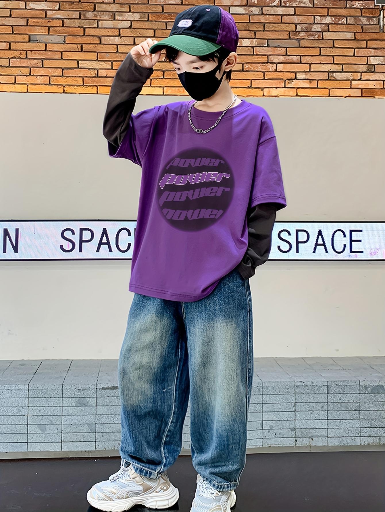 Boys' Two-Tone Long Sleeve T-Shirt - Purple & Color Block Streetwear Pullover with "POWER" Lettering, Drop Shoulder Casual Top for Spring/Fall Outdoor Sports, Spring Fall Apparel, Sporty Look, Durable Construction, Young Athletes, Streetwear Fashion