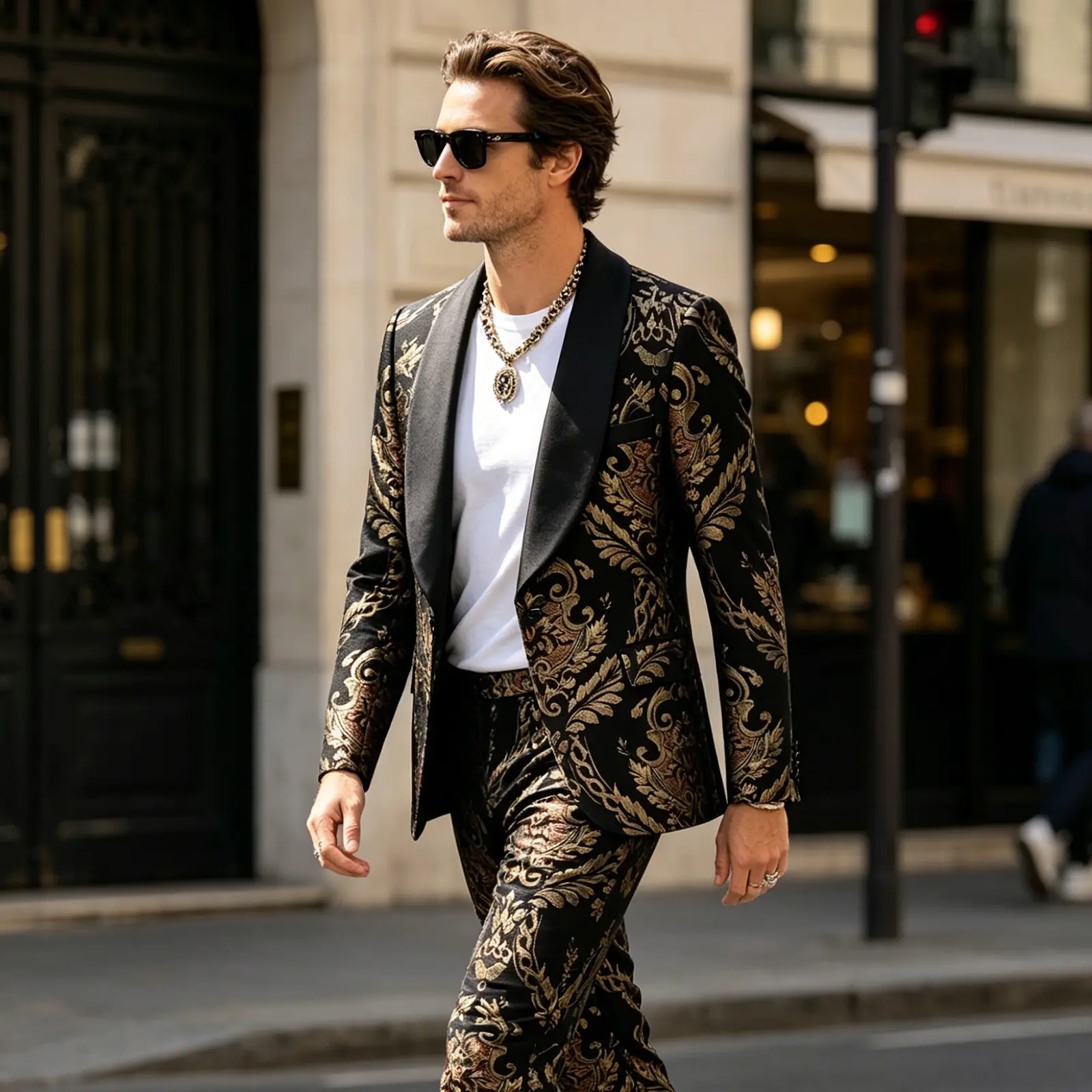 Men's Floral Jacquard Tuxedo 2 Piece Suit Set, Shawl Lapel  Jacquard Blazer & Matching Dress Pants  Formal Wedding Party Suit