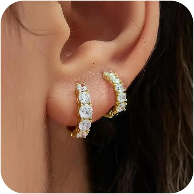 2 Pairs  Hoop Earrings for Women Dainty Huggie Earrings Set | 14K  Plated Cubic Zirconia  Lightweight  Cartilage Hoop Earrings Trendy