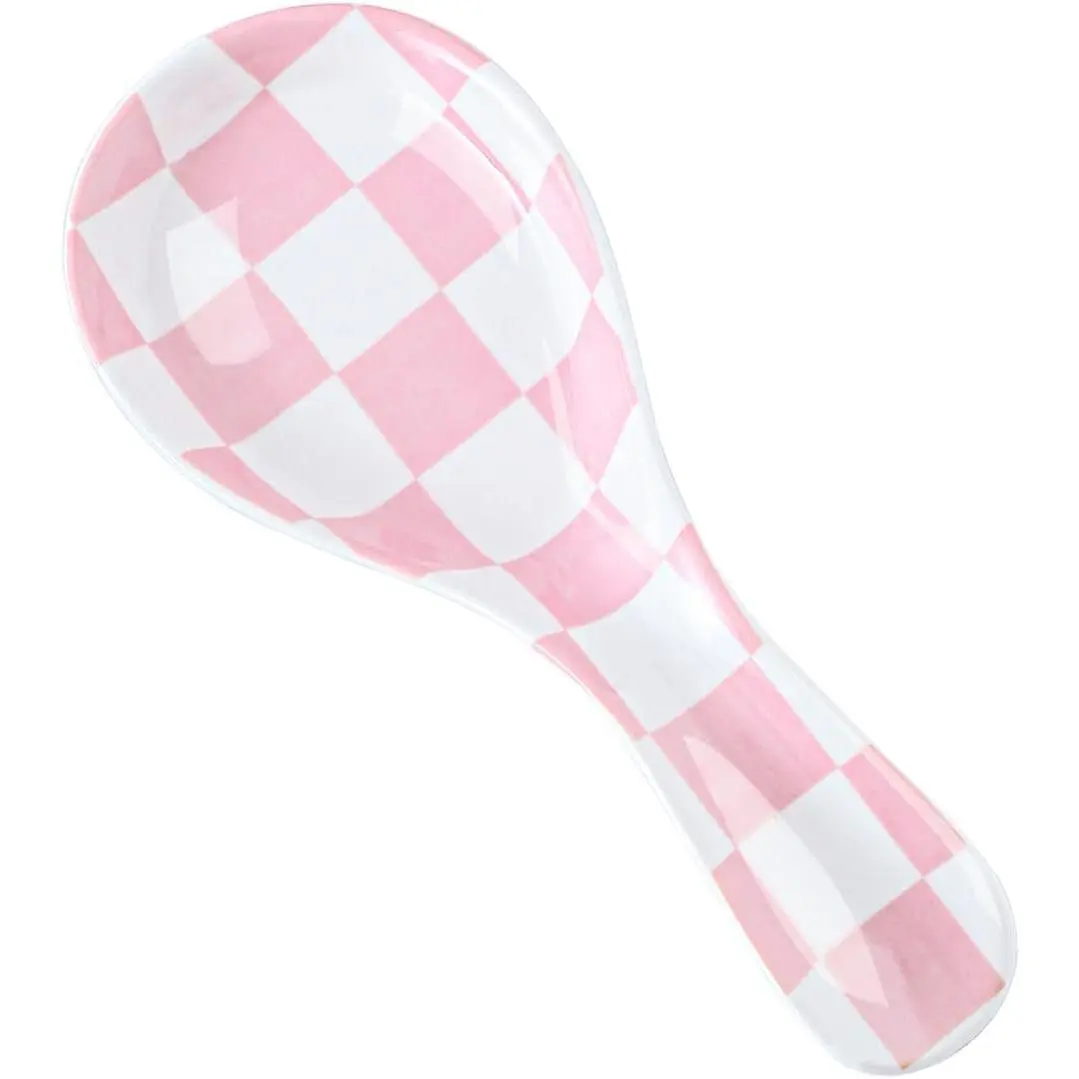Ceramic Spoon Rest for Stove Top, Checkered Spoon Holder Utensil Rest, Cute Spoon Rests for Coffee Bar Kitchen Decor Cooking  for Housewarming ()