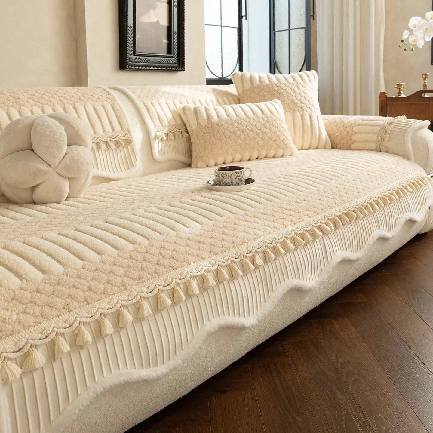 Plush Fabric Crochet Sofa Cover - Elegant Beige Floral Leaves Pattern, Thick Cream Style, Durable, Dustproof, Pet-Friendly, Anti-Skid, Machine Washable, All-Season Elastic Protector for 1-4-Seater Sofas & Cushions, Ideal for Living Room, Couch Cover For S