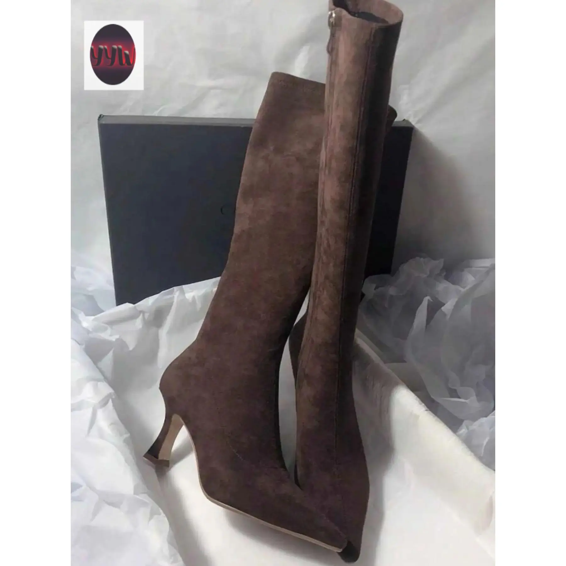 YYW1 Women's Over-The-Knee Heel Boots, Textile Upper & Rubber Sole, Plain Design, Fall/winter Fashion Footwear