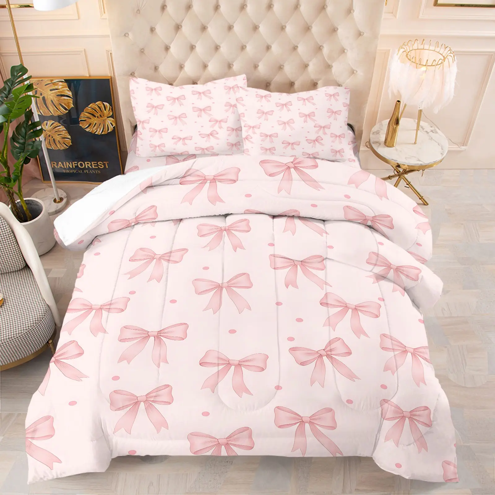Light Pink Base Pink Bow Polka Dot Comforter Set, 1 Comforter + 1-2 Pillowcases, Soft Cozy Breathable Microfiber Washable Bedding, Coquette Girly Summer Vibes Quilt Set, All Season Use Suitable for Bedroom Dorm Guest Room