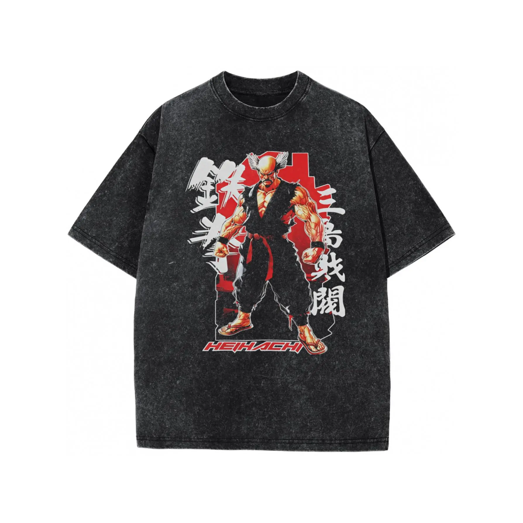 Vintage Washed T-Shirt For Men Short Sleeve Heihachi Mishima Tekken Arcade Fighter Japanese Kanji Red Background Print Crew Neck Knit Casual Regular Fit Pullover Tees Retro Fighting Game Streetwear Tops Spring Summer Fall Soft Machine Wash Mens Graphic Te