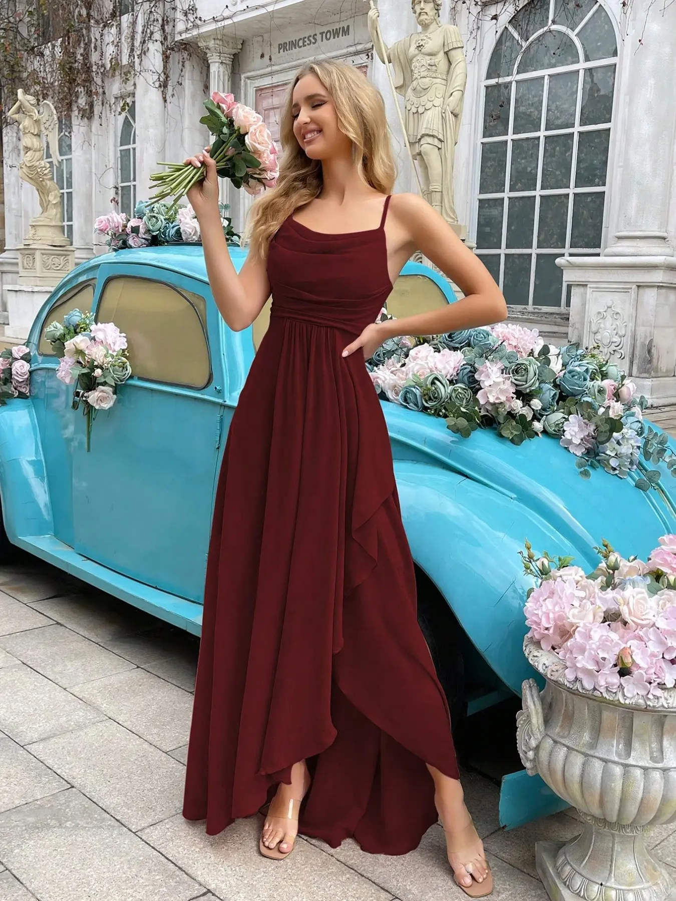 Elegant Simple Women Wedding Formal Dress Summer Bridesmaid Gown For Weddings, Guest, Dinner, Formal Events, Engagement Party, Lawn Wedding Solid Color Cowl Neck Asymmetric Hem Halter Sleeveless Spaghetti Strap Bridesmaid Maxi Long Dresses