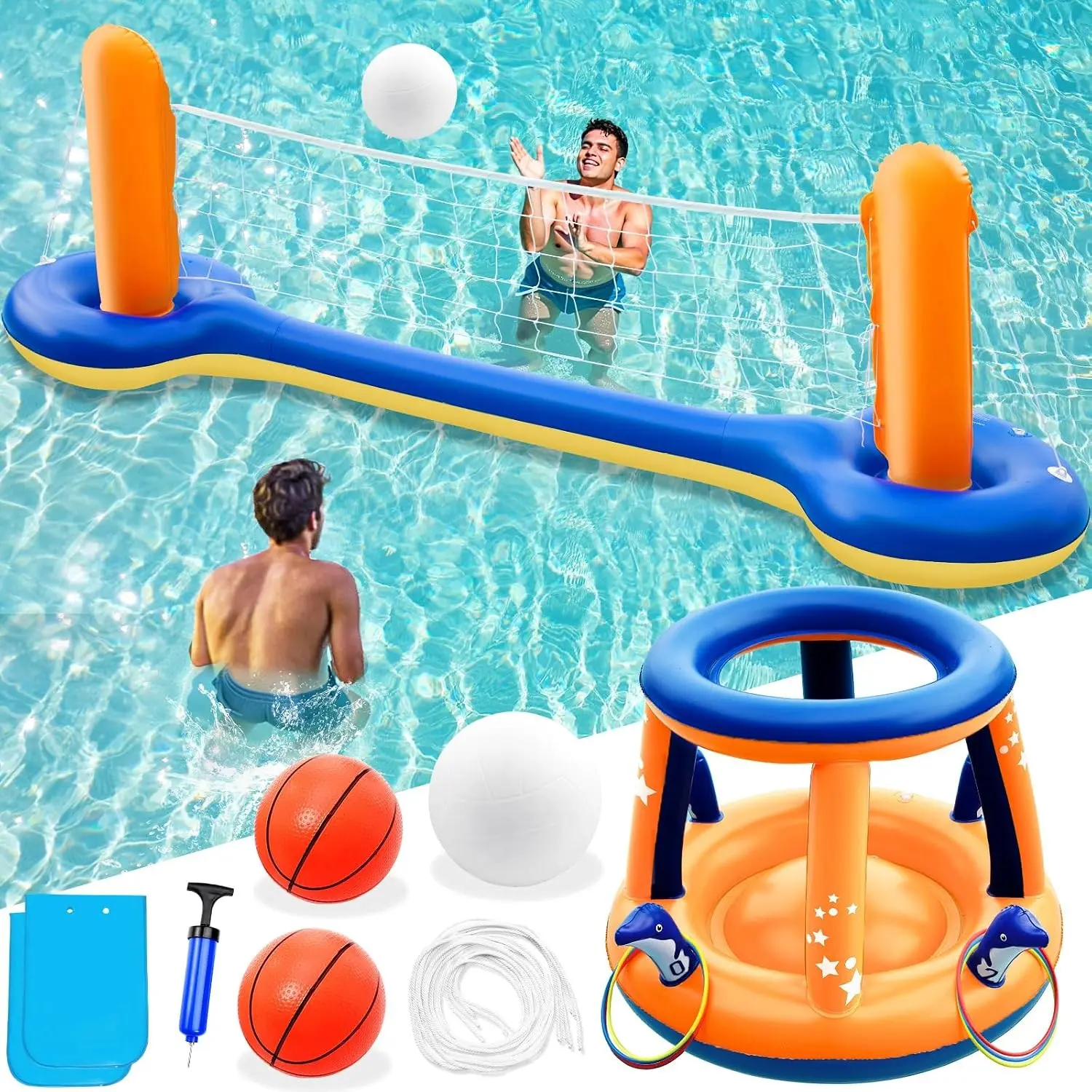3-in-1 Pool Toys Games Set - Volleyball Net, Basketball Hoop, Ring Toss, Inflatable Floats & Floating Volleyball for Swimming Pool Party, Gift for Kids & Adults (Orange & Blue, XL)