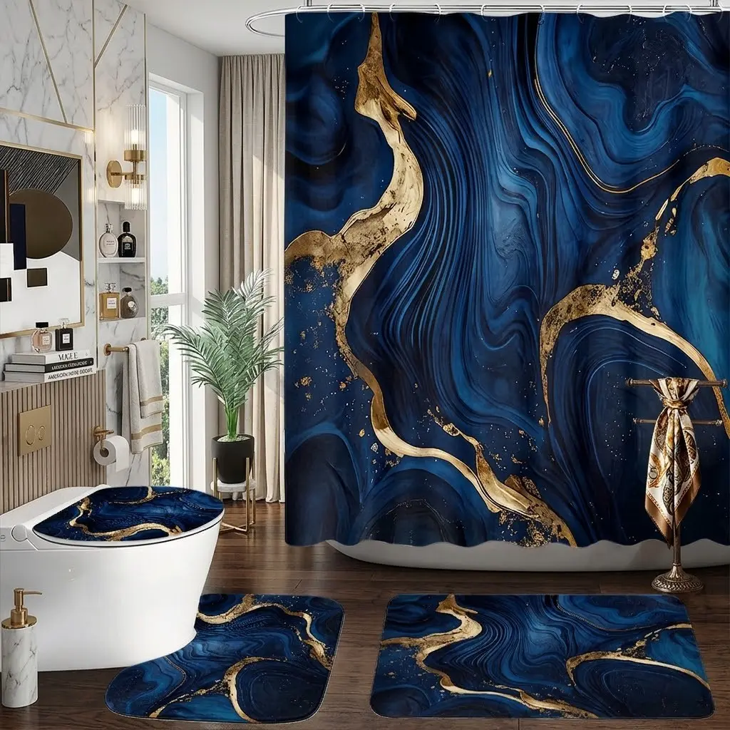 4pcs Deep Blue Gold Marble Agate Swirl Decorative Shower Curtain Set with Rugs,The floor mat fabric is thicker and softer!  Luxury Bathroom Decor Kit, Modern Style, Elegant Gift for Home & Dorm