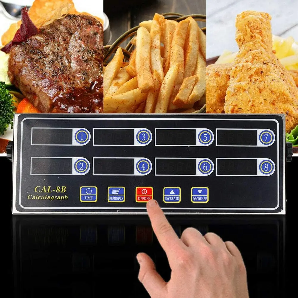 Stainless Steel 8-Channel Electronic Digital Timer Set - Home Kitchen Gadget, 110V, 2~10W, 30*10*3.5cm, Power Cord, Digital Timer Display, 3-Stage Reminder, Loud Alarm Countdown Clock for Restaurant Food Cooking