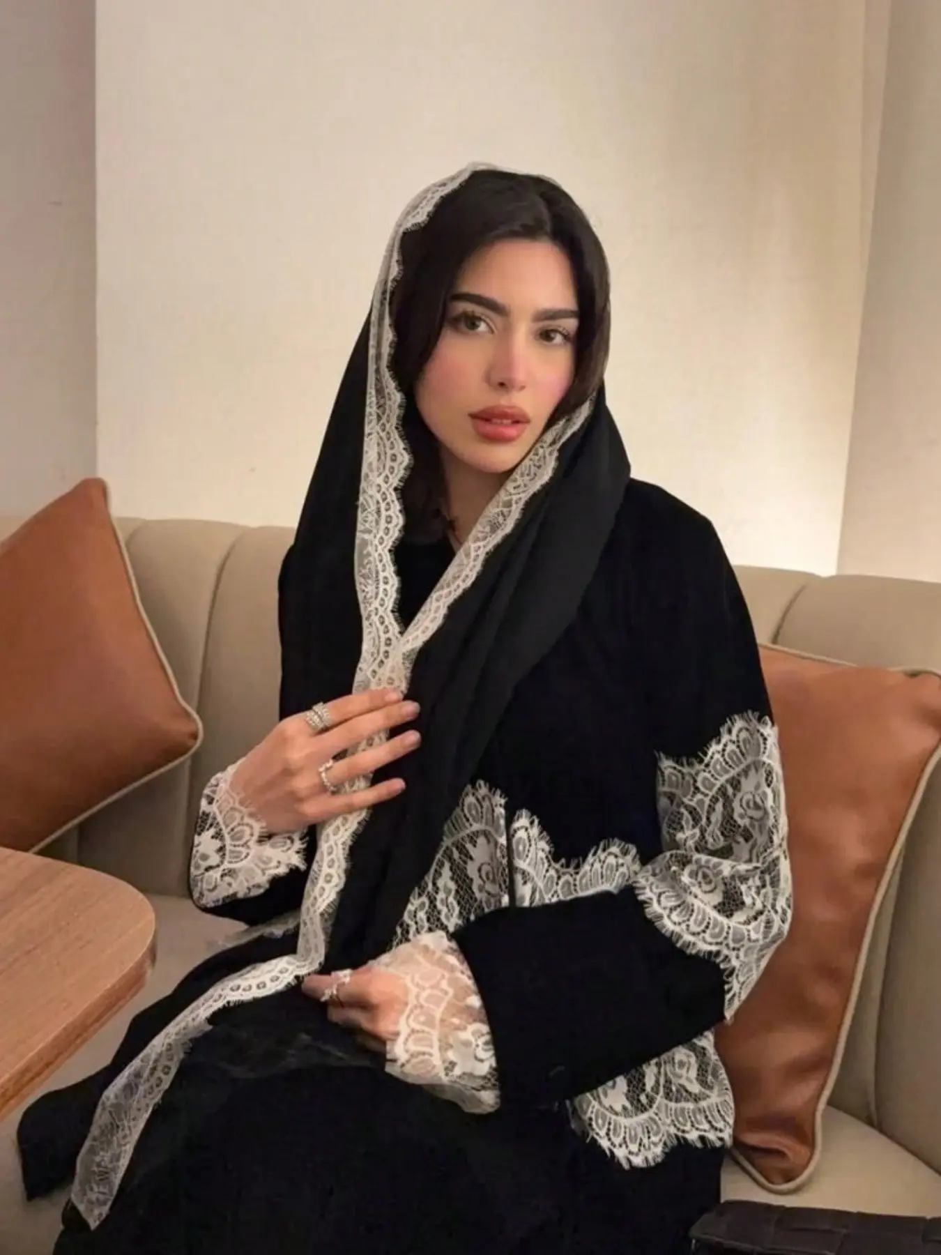Muslim Women's Dress Set, Lace Trimmed Abaya Cardigan Robe, Matching Hijab Scarf, Modest Luxury Conservative Outerwear
