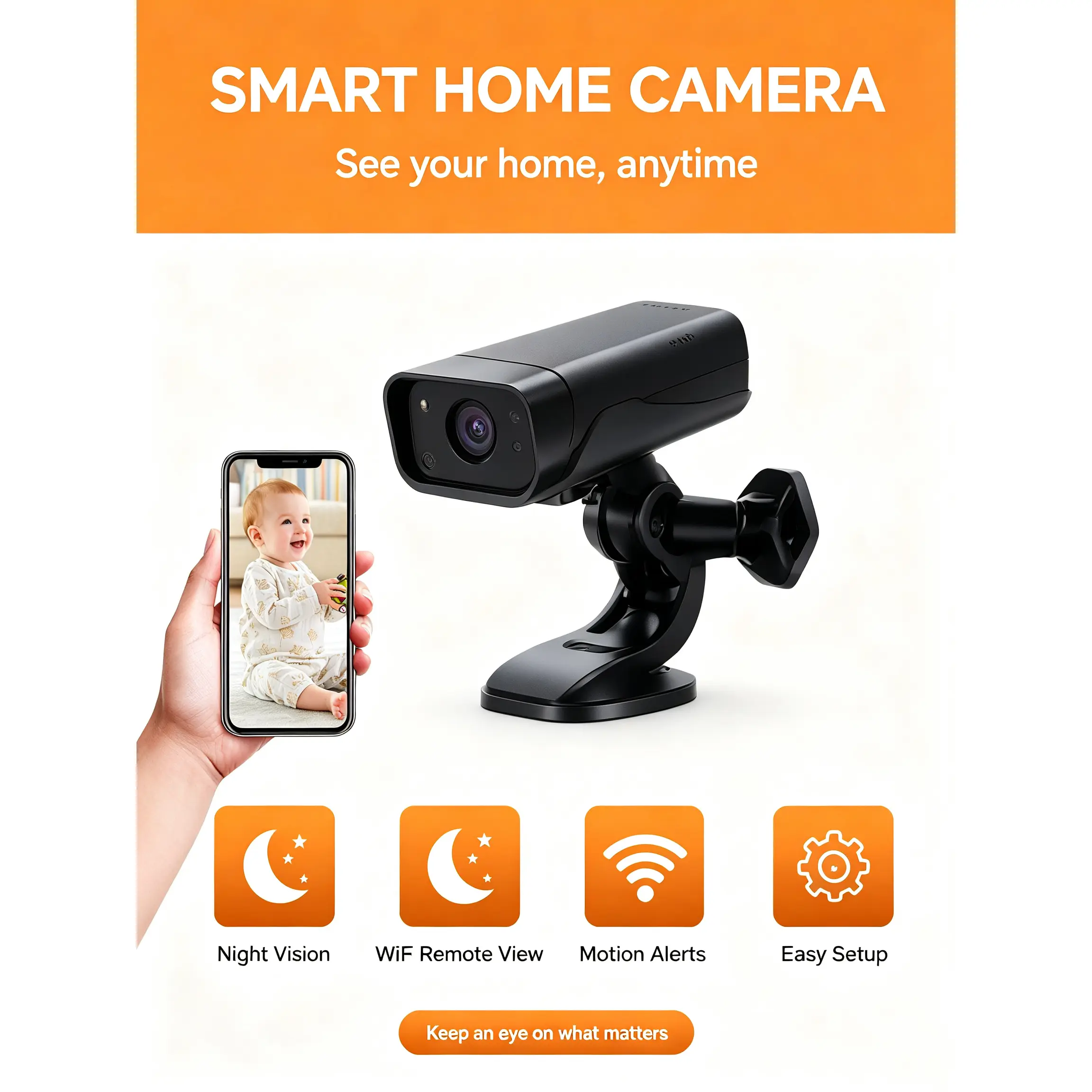 TN-6 Mini WiFi Home Monitor Camera - HD 720P Security Camera, Infrared Night Vision, Motion Sensor, Phone Remote Live Feed, Easy Installation for Baby Monitoring