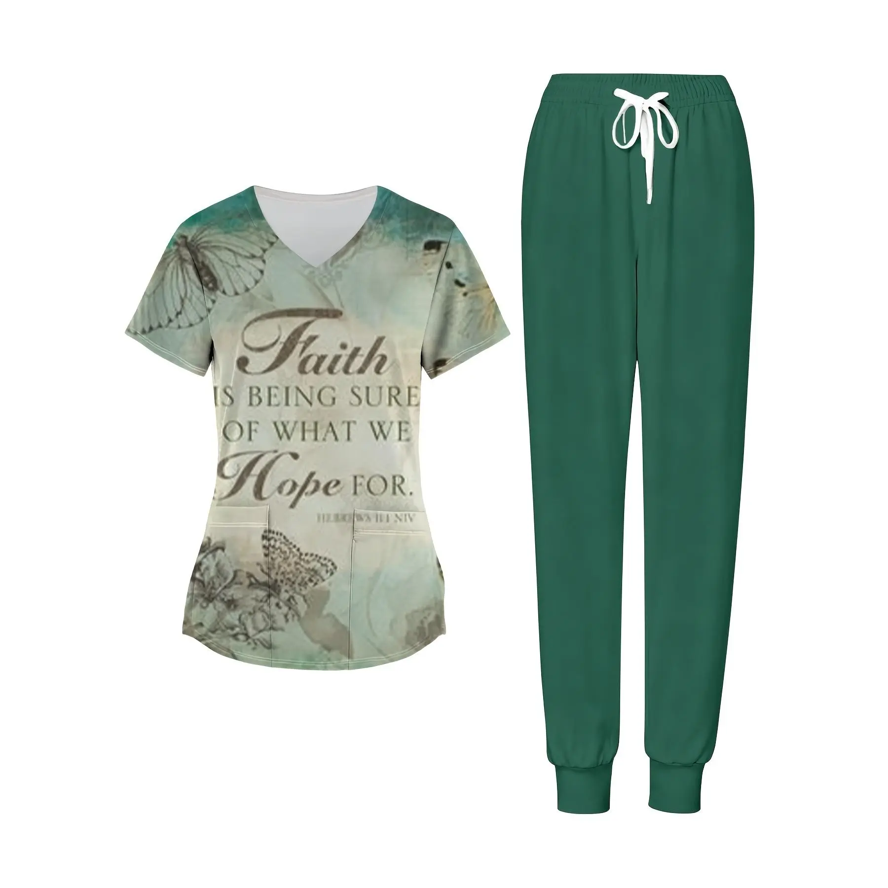 Women'S Nurse Uniform Set Faith Is The Confidence in Our Hope V-Neck Nurse Top And Pants Set with Pockets Casual Uniform Women'S Clothing Comfortable, Soft, And Breathable Fabric