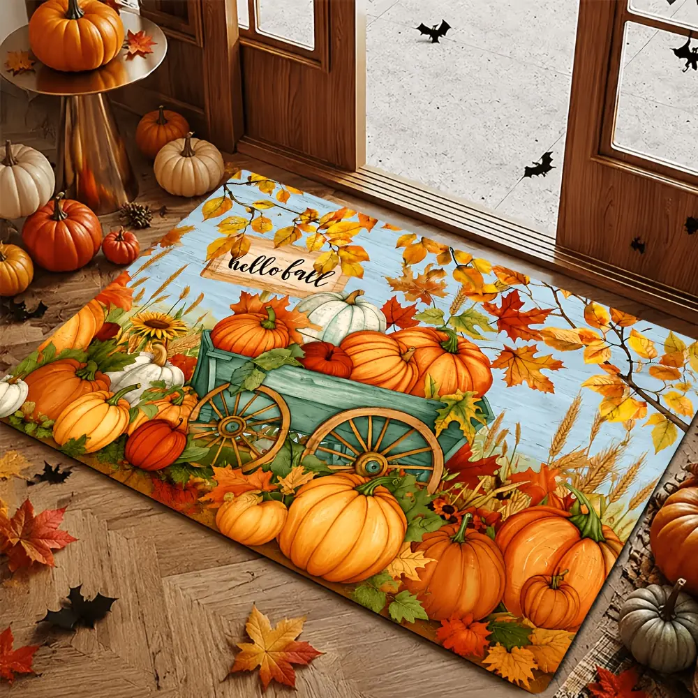 Flannel Floor Mat 1 piece autumn harvest themed door mat, 2D flat, pumpkin, maple leaf, handcart, wooden sign patterns Thanksgiving decoration, kitchen rug, vintage style, rectangular, holiday decoration, home decor, soft rug, suitable for laundry room, h