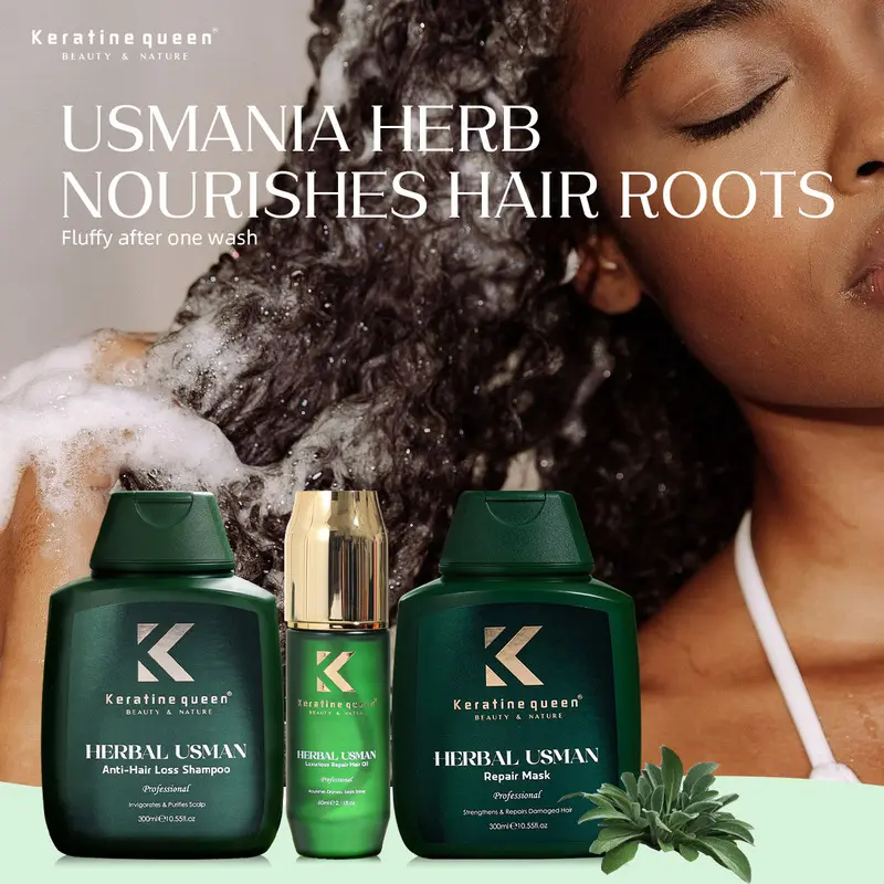 Keratine Queen Herbal Usman Anti Hair Loss Hair Care Solution 3PCS Set Shampoo Mask Hair Oil, Natural Plant Extract Activate Follicles, Improve Thin Dry Broken Hair, Thicker Stronger Hair, Strengthen Roots Oil Control Scalp Dense Hair Set 300ml*2+60ml