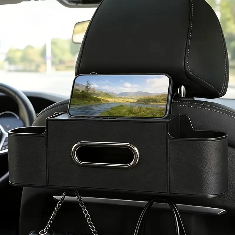 Car rear seat hanging storage box, car headrest rear seat storage box, dashboard armrest box for storing tissues, rear seat tissue storage box with a paper towel holder and 2 cup holders, compact internal storage tools