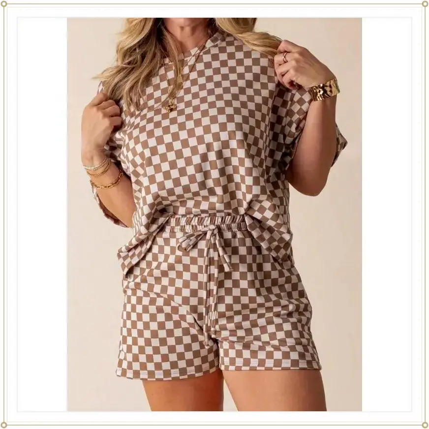 WomenSummerOutfitsCheckerboardPrintLooseT-ShirtandElasticShortsClubStreetwearClothesSleeveSuitsWomenswearBottomFabricPolyesterCrewneckFittedKhakiCasualPlaidGamispiecesetswomenrodeopiecesetbeachoutfitsset