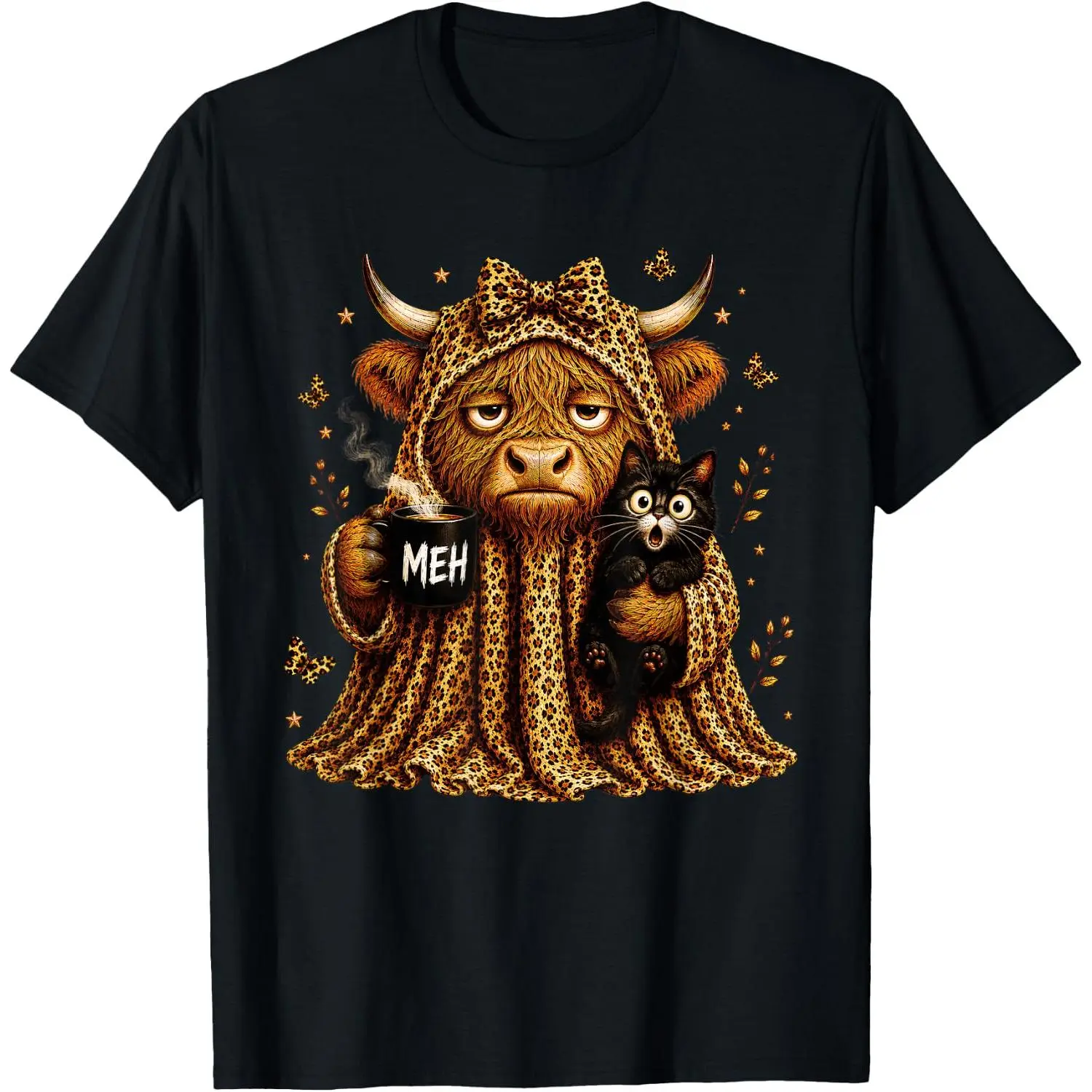 Women's Short-Sleeve Round Neck Cotton Tops - Breathable Fabric, Slim Fit, 1-Piece Halloween Style T-Shirt with Highland Cow, Ghost, Leopard, Bow Cat Designs for Coffee Lovers