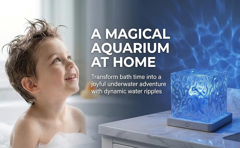 Waterproof Bath Light for Inside Bathroom, Rechargeable Cube Shape Kids Shower Lamp, RGBW 13 Color Changing Bathtub Lamp with Remote Ocean Wave Projector Mood Night Lighting