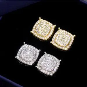 Unisex 2026 Trend Hip Hop Oversized 12mm Full Pavé Square Stud Earrings - Gold-Plated, Micro Pave AAA Zircon, Luxury Geometric Artificial Gemstone Jewelry for Men & Women
