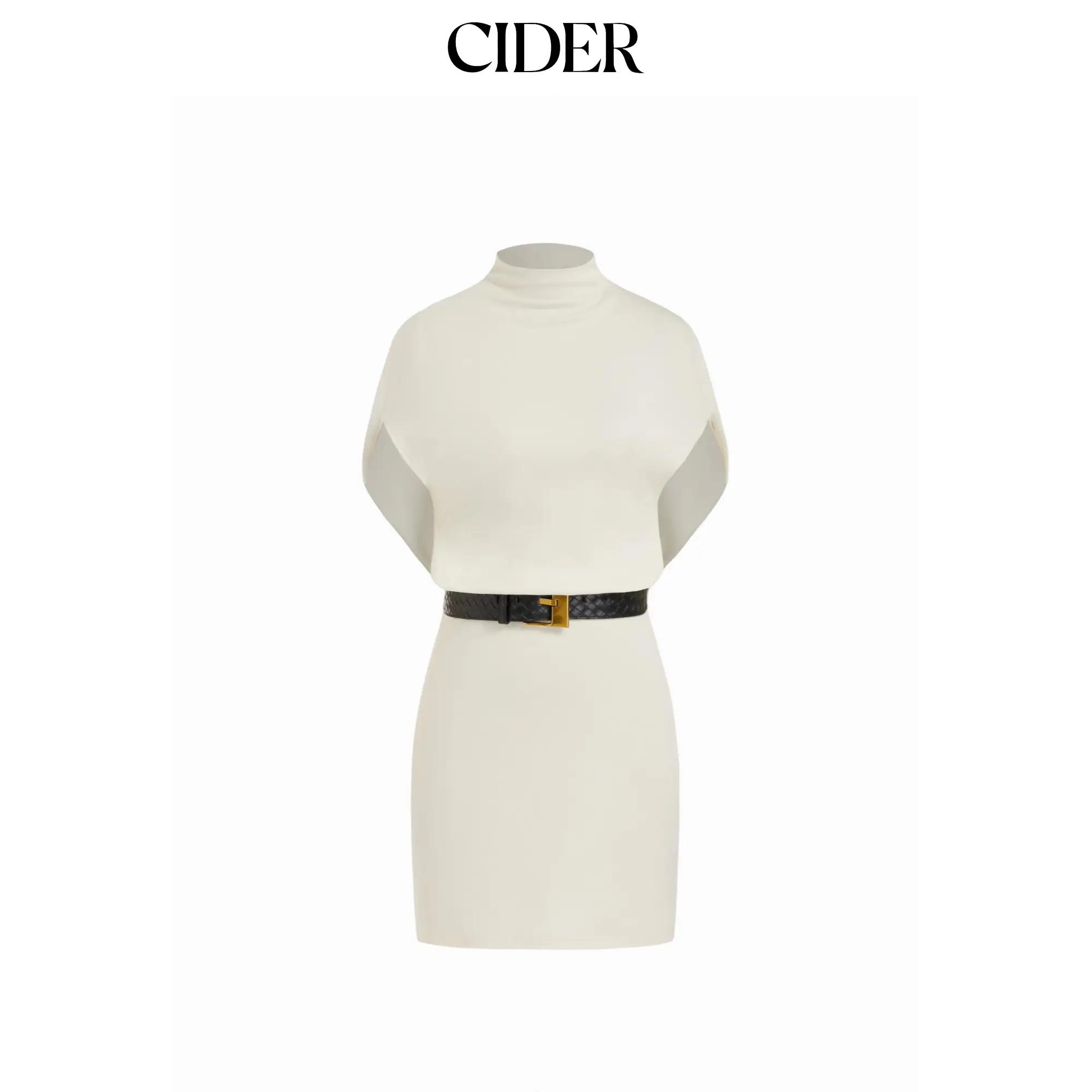 Cider Cotton-blend High Neck Batwing Sleeve Straight Mini Dress With Belt SummerFinds