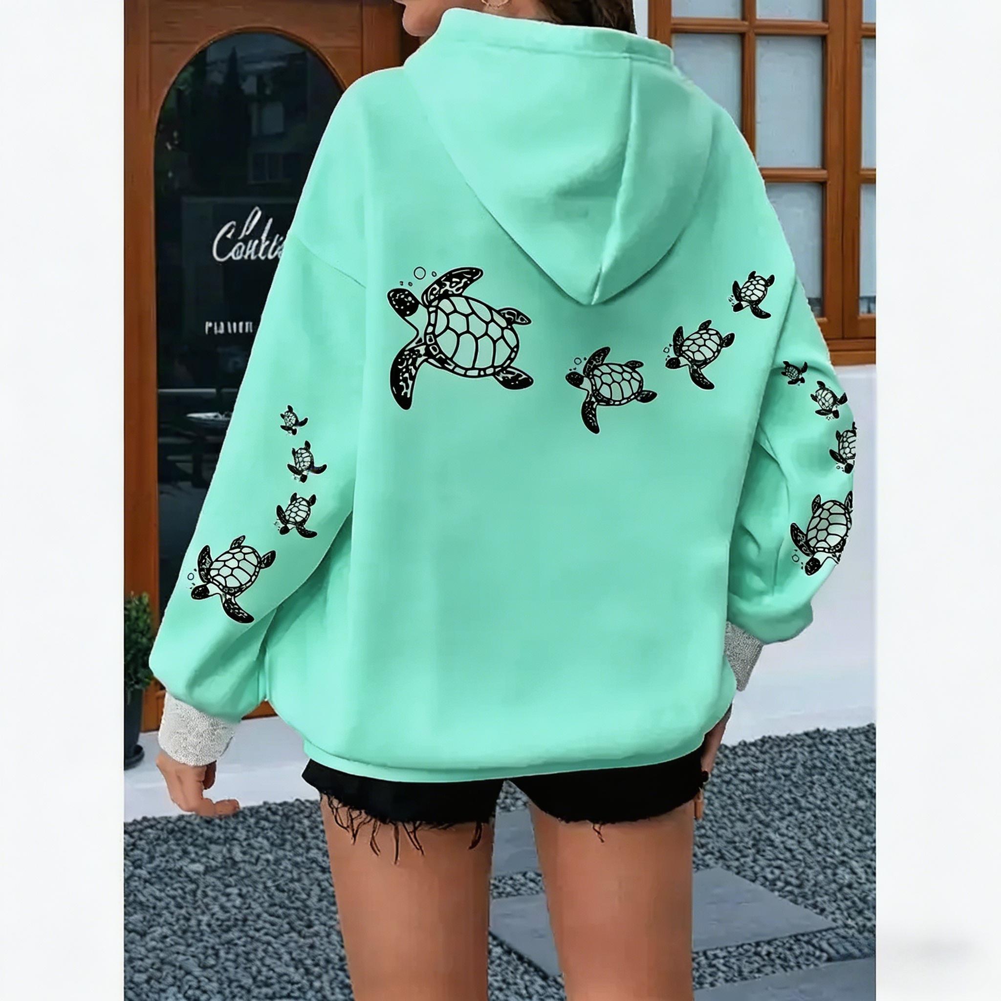 Women's plus-size loose hoodie with turtle print - pink and white casual pullover sweatshirt, kangaroo pocket and drawstring hood, machine washable, comfortable for all seasons, loose fit, soft fabric