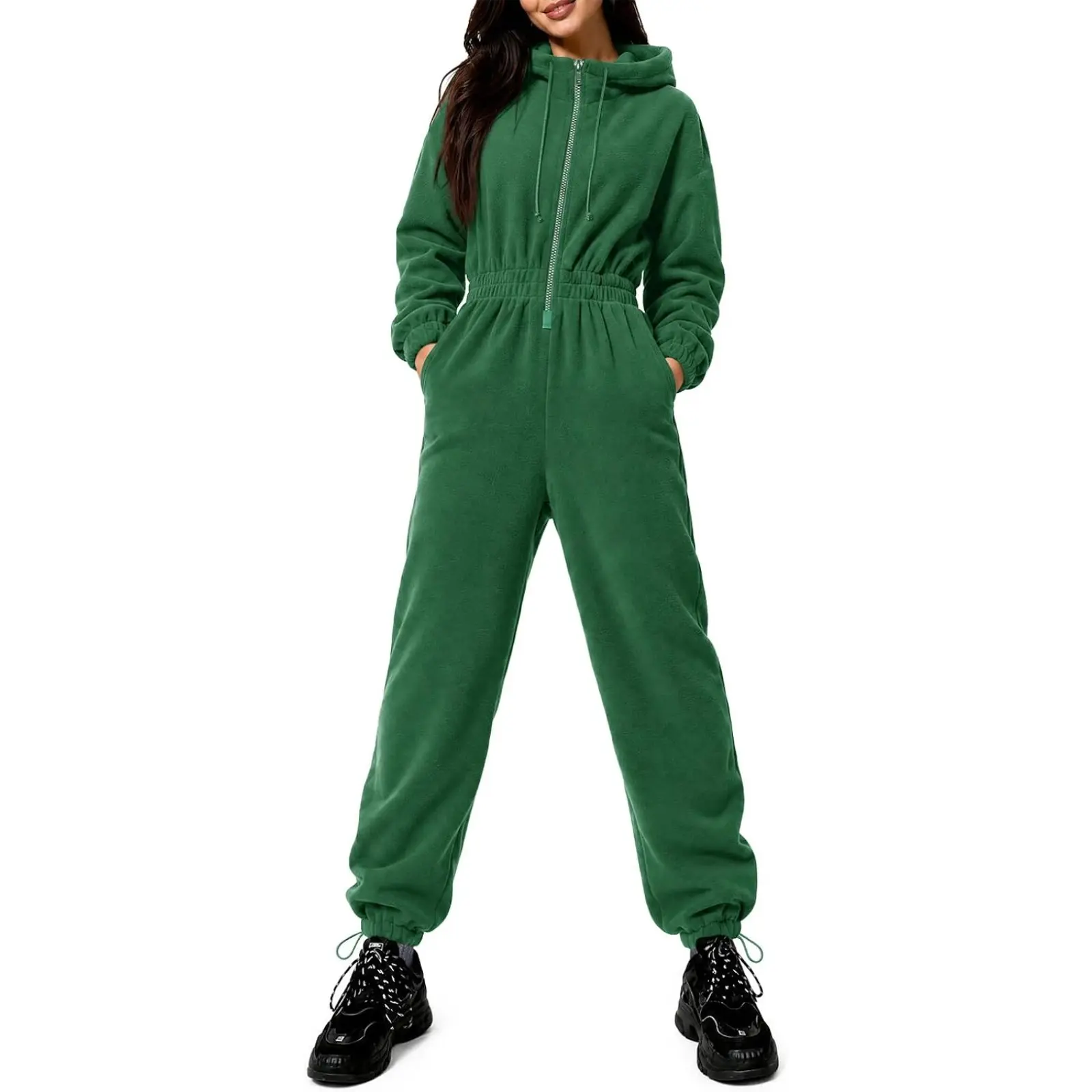 Yousify Women Zip Up Hooded Fleece One Piece Jumpsuit, Elastic Waist Drawstring Relaxed Fit Winter Warm Casual Ski Onesie Overalls with Pockets, S-XXL Womenswear