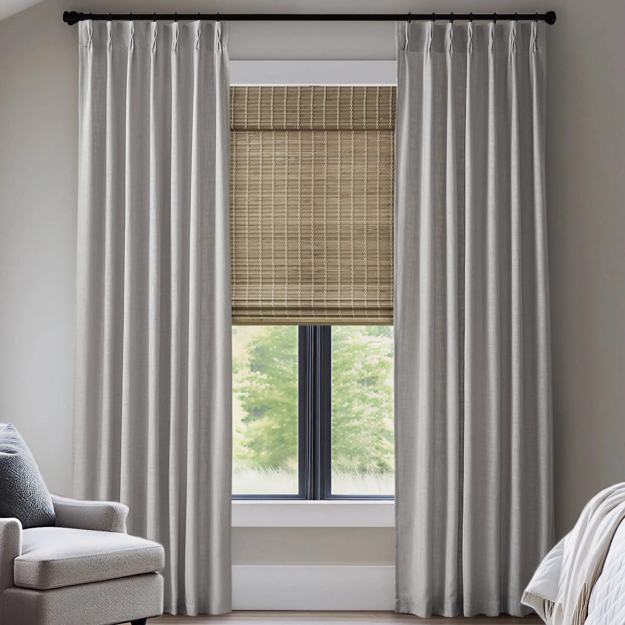 Nokaa 2-Piece 40x84 Inch 300GSM Poly Linen Curtain Set with 7 Pinch Pleats Per Panel, Heavyweight Textured Window Drapes for Living Room Bedroom, Light Filtering Semi-Sheer Privacy Curtains, 2 Panels