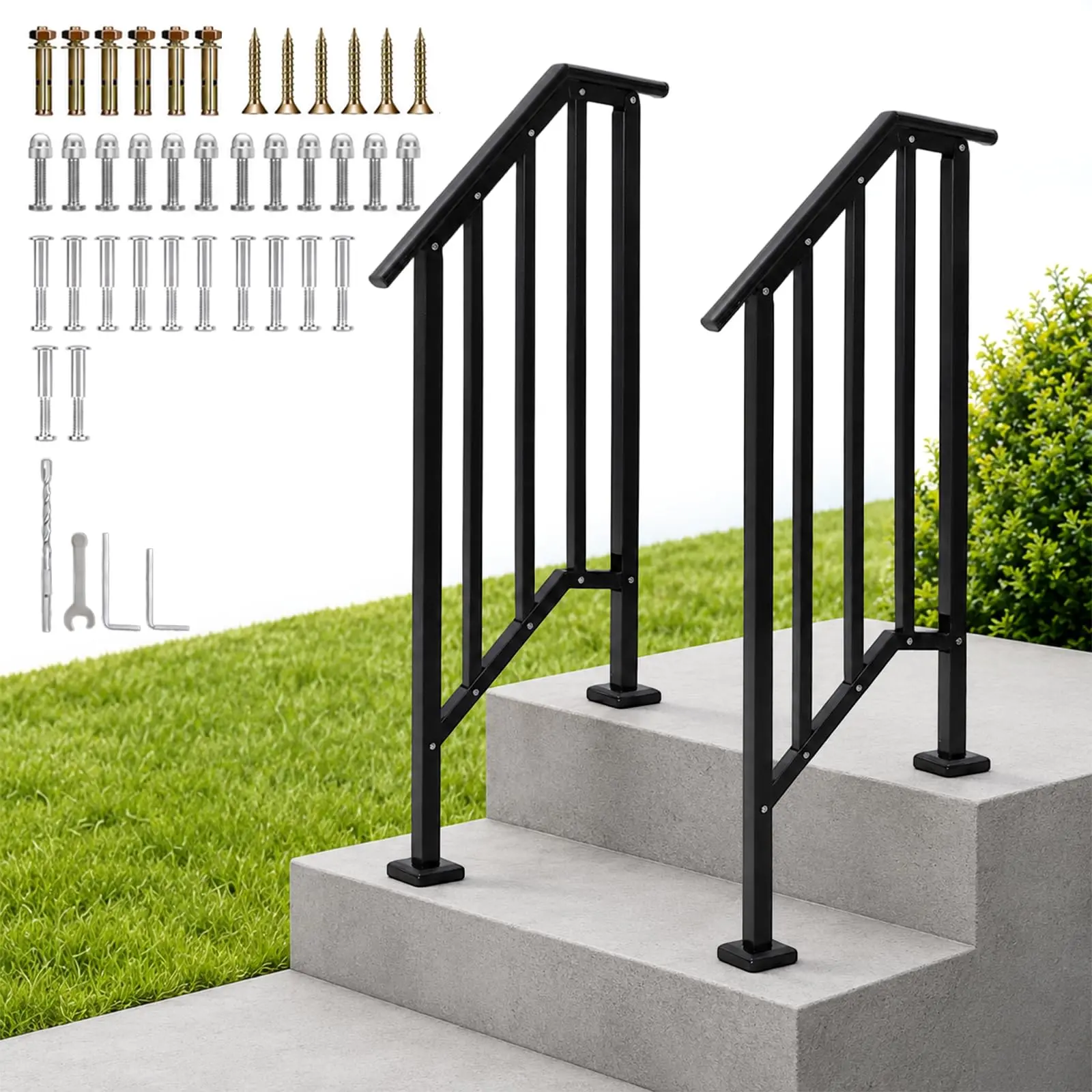 2-Pack Heavy Duty Metal Outdoor Handrails (for 2-Step Stairs) – Anti-Rust Black Railings with DIY Installation Kit, Stair Safety Solution for Concrete/Wood Surfaces for DIY Users