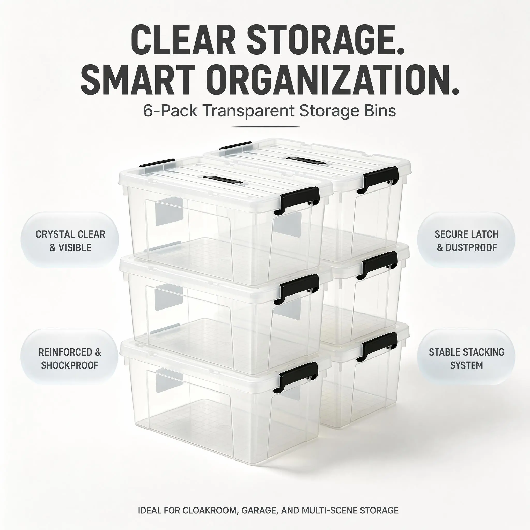 6 Pack 10L/15L Dual Size Stackable Clear Plastic Storage Boxes with Secure Lock Lids, Heavy Duty Crush Resistant Organizer Bins for Closet Garage Pantry Household Storage