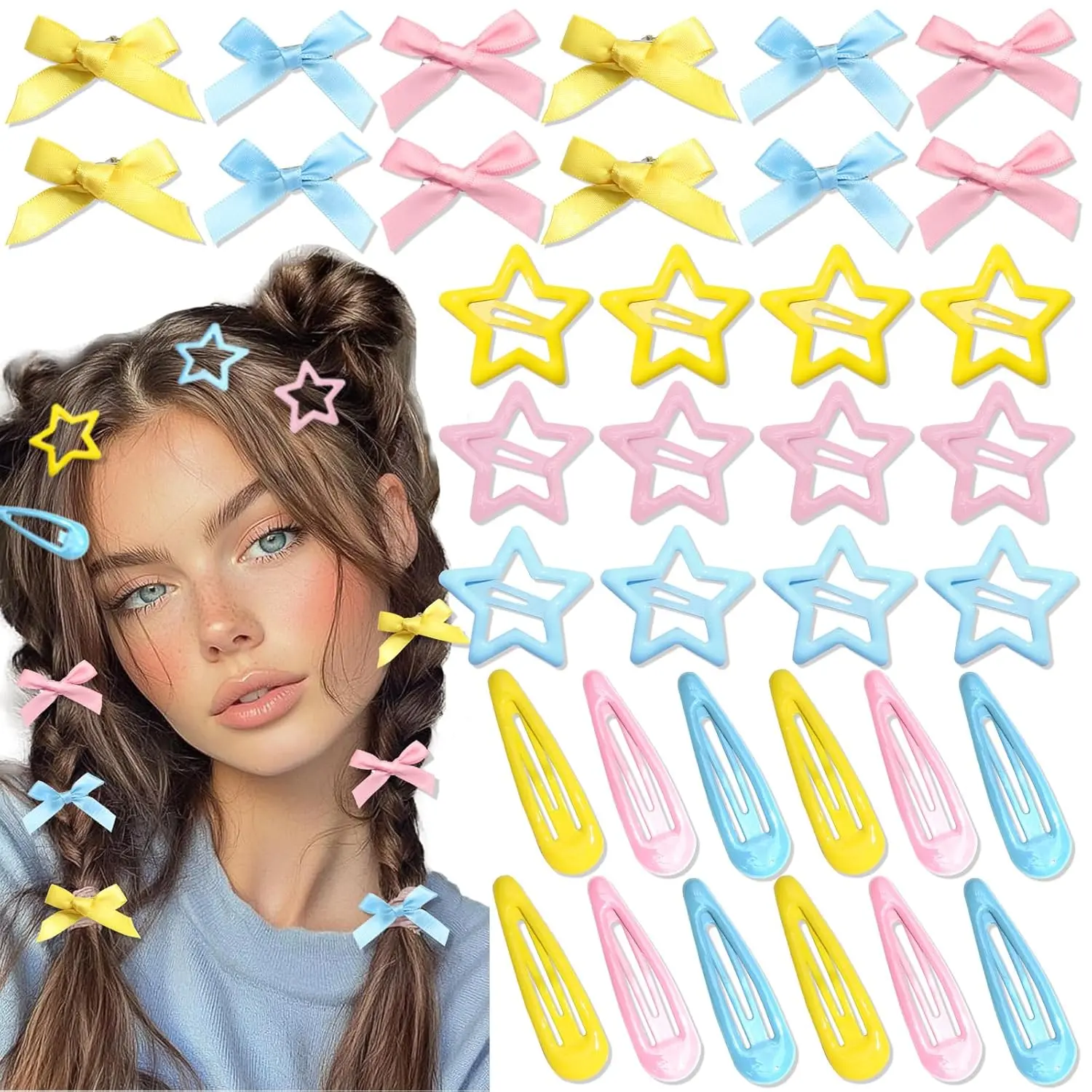 36Pcs Mini Bow Hair Clips for Baby Girls - Non-Slip Ribbon Bowknot Snap Claws, Star Metal Female Mixed Color Baby Fashion Accessories (Pink, Blue, Yellow), Cute, Small