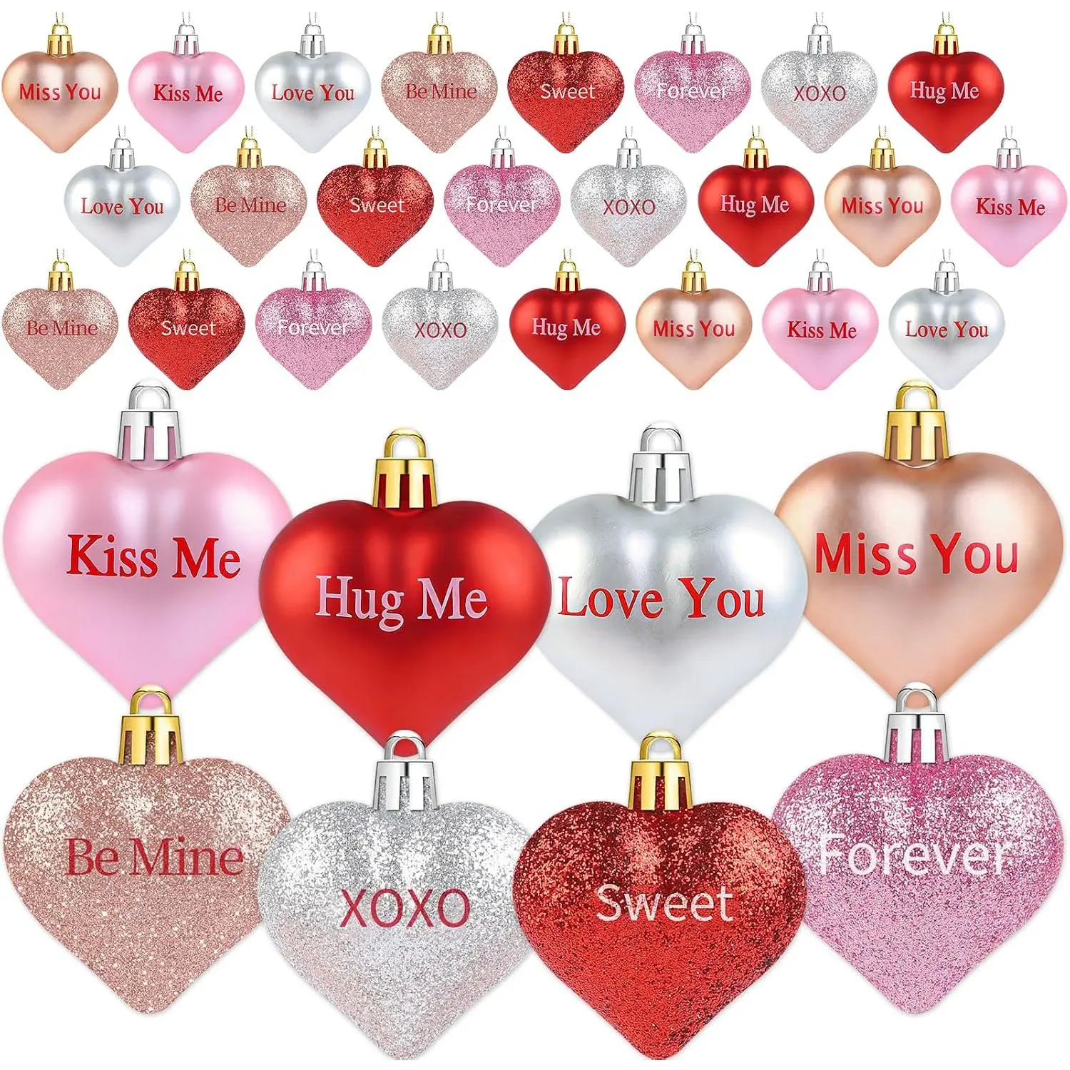 24-Pack Synthetic Glitter Romance Heart Ornaments, Valentine’s Day Holiday Decor for Valentine Tree & Wedding Party (Red), Valentines Day