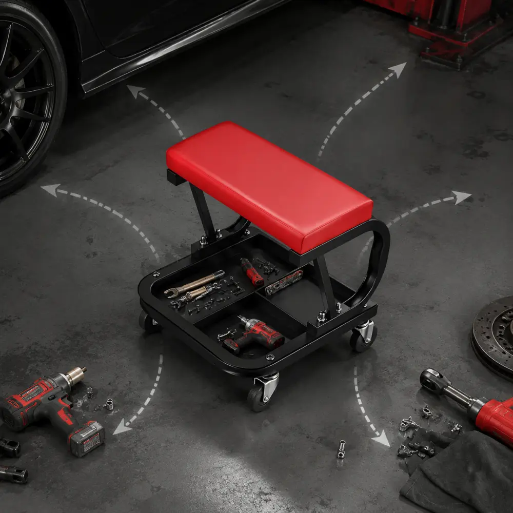 Heavy Duty C-Shaped Universal Mobile Work Seat (W2753P489262) - Thick Cushioned Seat, 360° Swivel Casters, Sturdy Steel Frame, Divided Tool Storage Tray, All Floors Compatible for Auto Repair, Household Maintenance, Thick Seat