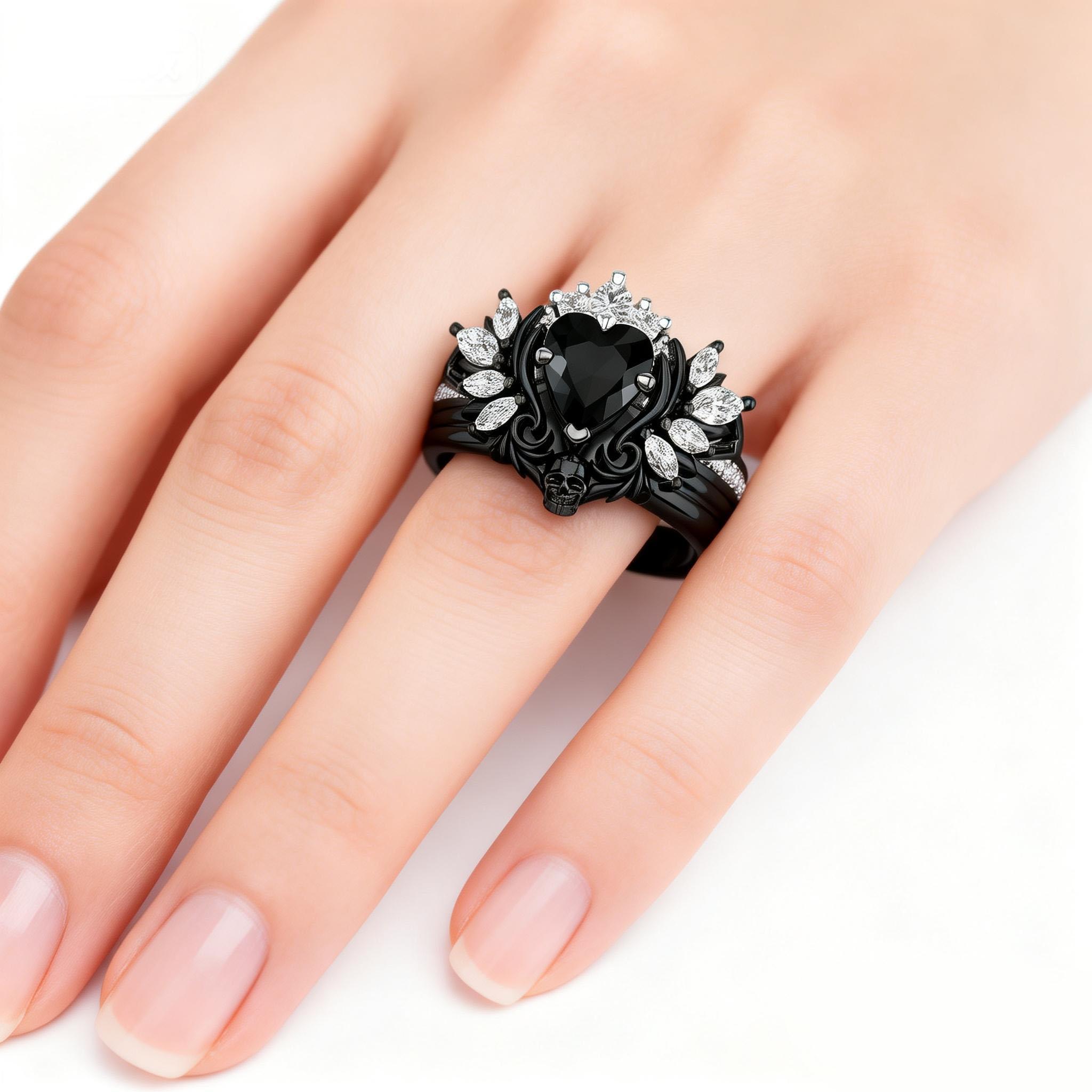 Lvrong Couple Rings Punk Skull Rings Black Plated Couple Rings Cross Wings 1.5CT Heart Black CZ Wedding Ring Sets
