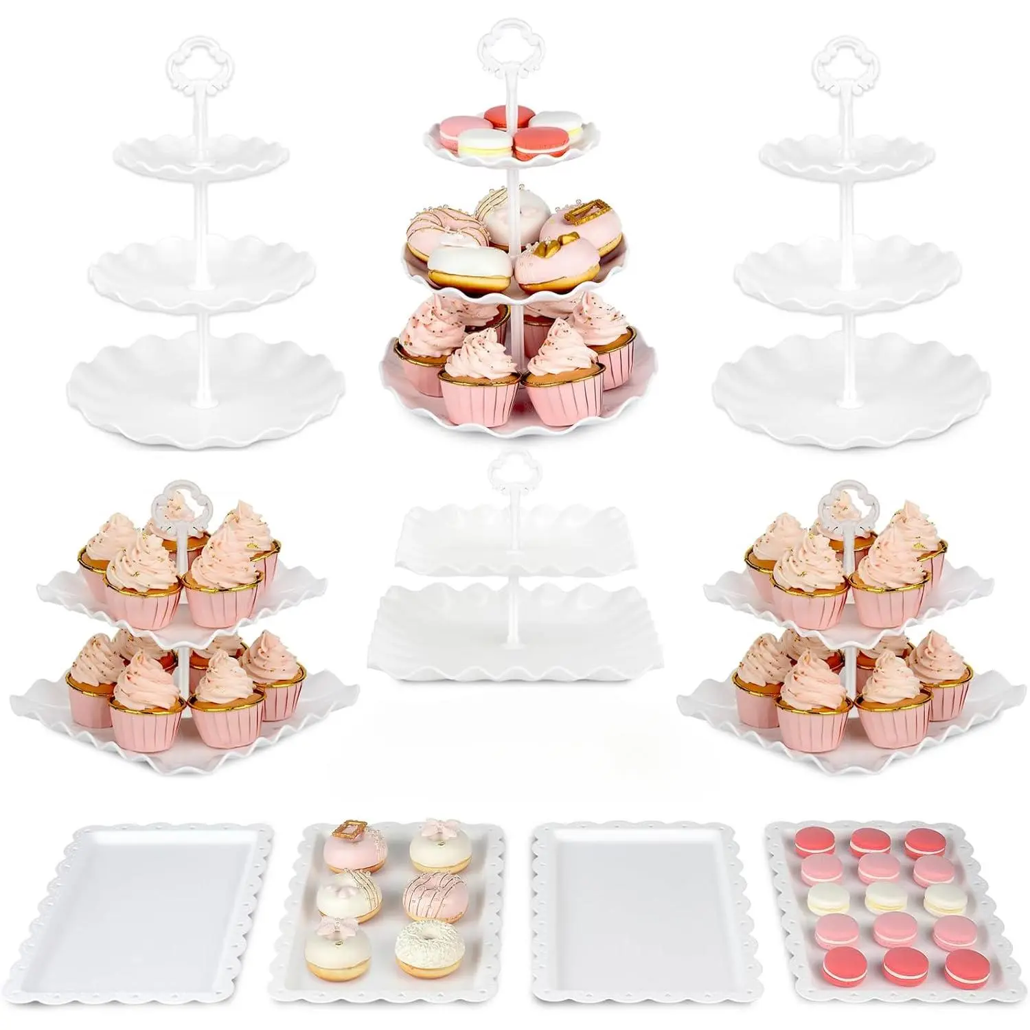 10-Pack Food-Grade White Plastic Dessert Stand Set, Simple Easy-Assemble 2-Tier & 3-Tier Cupcake Towers with Serving Trays, Reusable Neutral Decoration for Happy Birthday, Business Events, Wedding Buffet Sweets Bakeware Supply