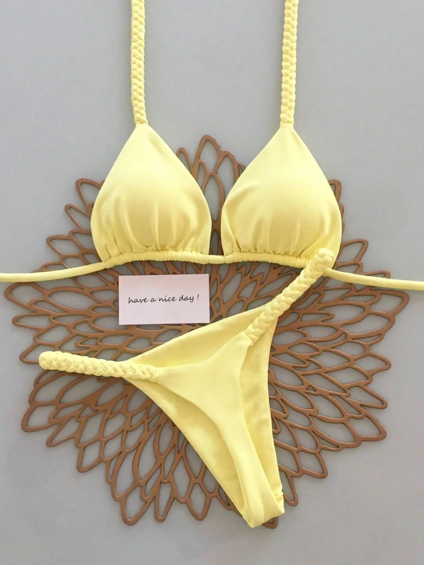 Women's Lemon Braided Stylish Bikini Set, Bikini Beachwear, Sexy Beach Vacation Two-Piece Swimsuit, Fresh Spring Summer Swimwear, Polka Dot Pattern
