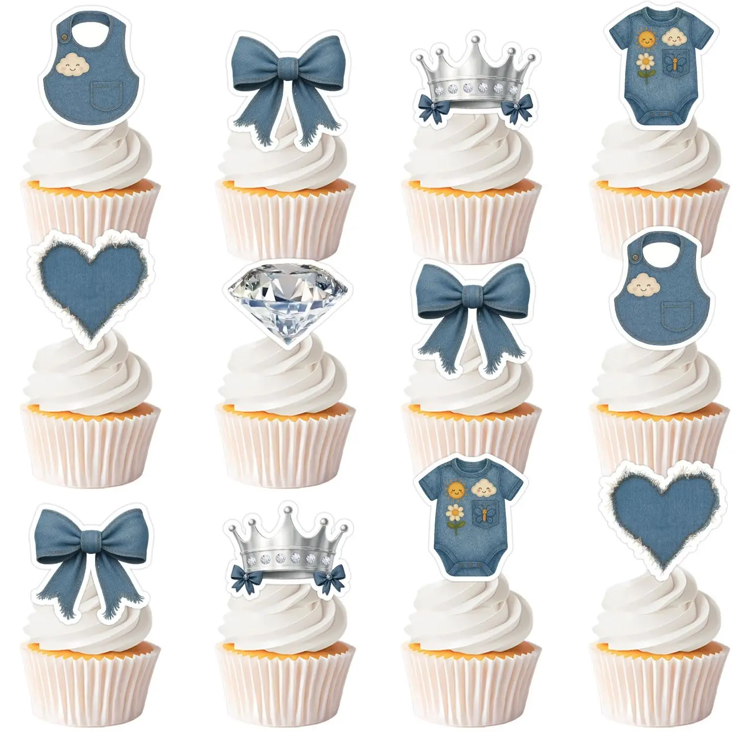 36Pcs Acrylic Cowboy Cake & Cupcake Toppers - Double-Sides Diamond Photo Picks, Country Rustic Denim-Themed Cake Decorating Supplies for Baby Boy "A Blue Jean Baby is on the Way" Shower Events