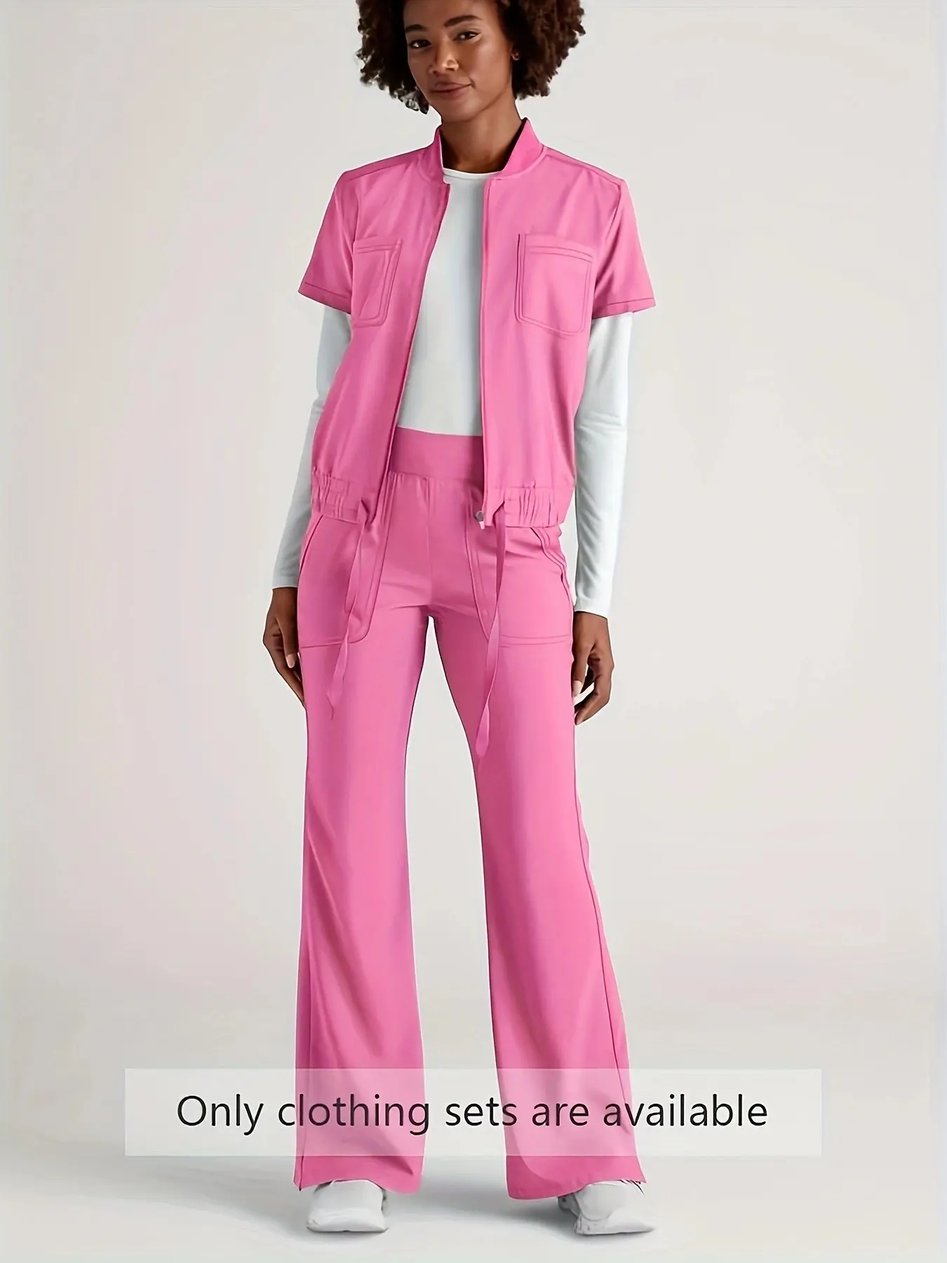 Women's Stand Collar Full Zip Scrub Top, Short Sleeve, Drawstring High Waist, Wide Leg Scrub Pants, Multi Pocket, Stretch Medical Uniform Set