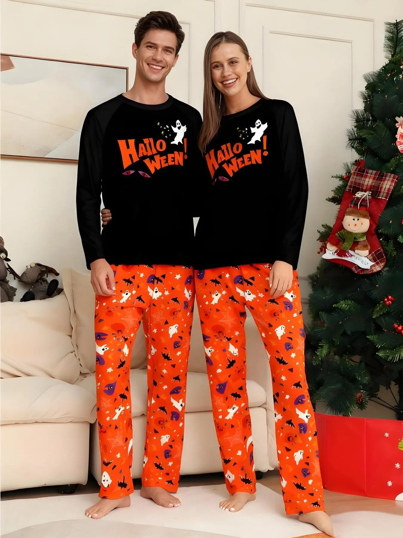 Halloween Ghost Letter Print Couple Long Sleeve Long Pants Home Pajama Set