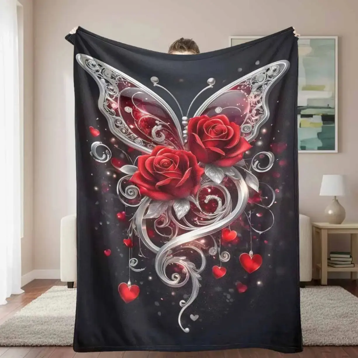 Romantic Butterfly & Rose Flannel Blanket, Heart Pattern Cozy Throw, Super Soft Cozy Throw, Adult Flannel Blanket, Kids Flannel Blanket, Plush Sofa Bed Travel Couple Gift