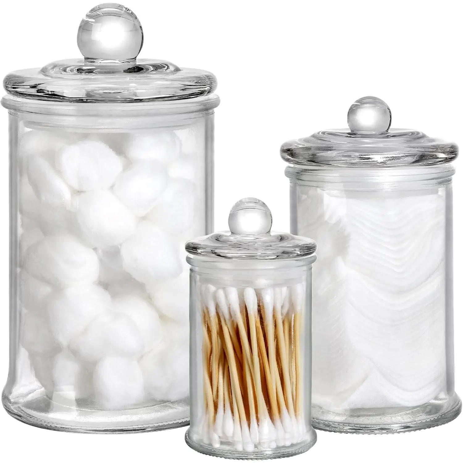 Set of 3 Glass  Jars with , Bathroom Canisters Storage Container Jars, Decorative Small Glass  Jar for  Swabs,  Balls, Makeup Sponges, Bath Salts