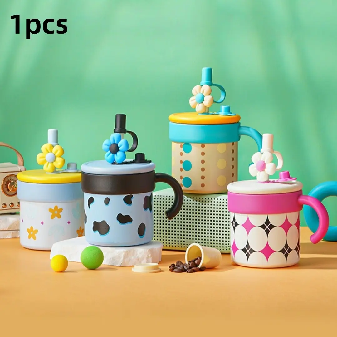 Adorable Flower Decor Thermal Water Cup, 316 Stainless Steel Insulated Mug, Portable Handle Tumbler for Home School Office