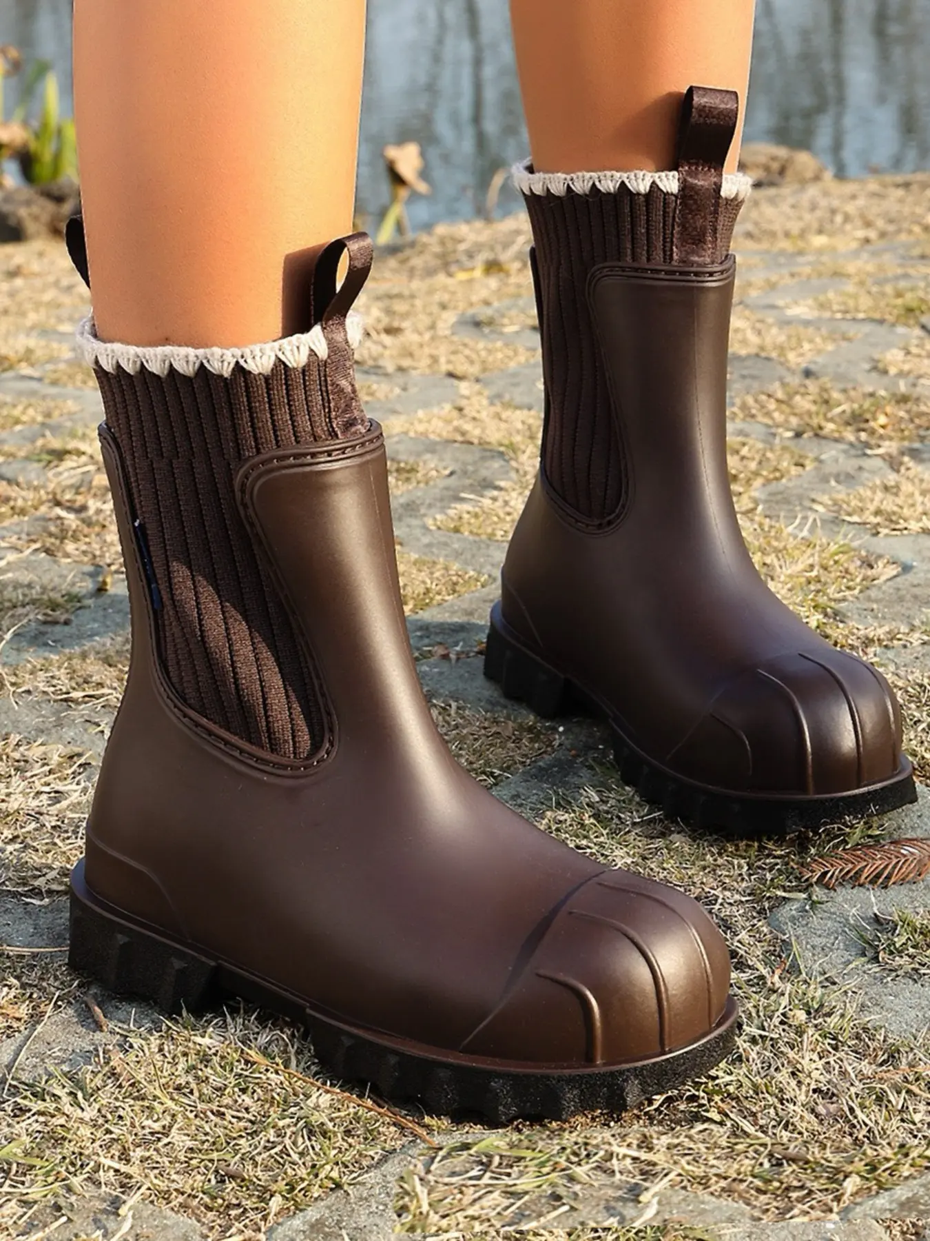 Women's Knit Patchwork Mid-Calf Waterproof Rain Boots, Round Toe Chunky Sole Non-Slip Chelsea Boots, Ideal for Rainy Days & Outdoor Activities