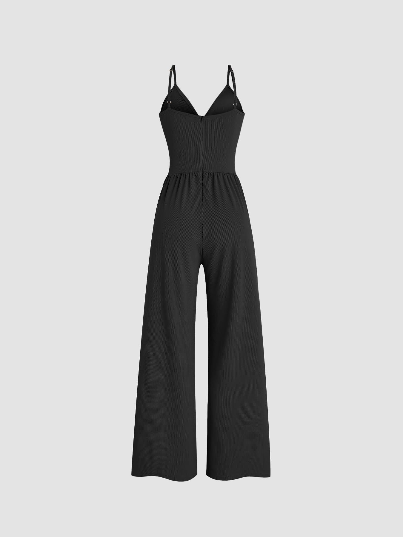 Valentine's Day Women's Solid Color Knitted Lace Tee & High Waist Pocket Jumpsuit Two-piece Set, Elegant Chic Fashion Casual Fitted Zipper Back Cami Jumpsuit & Long Sleeve Top for Daily Outdoor Wear, Women's Clothing for Spring & Fall Outfit