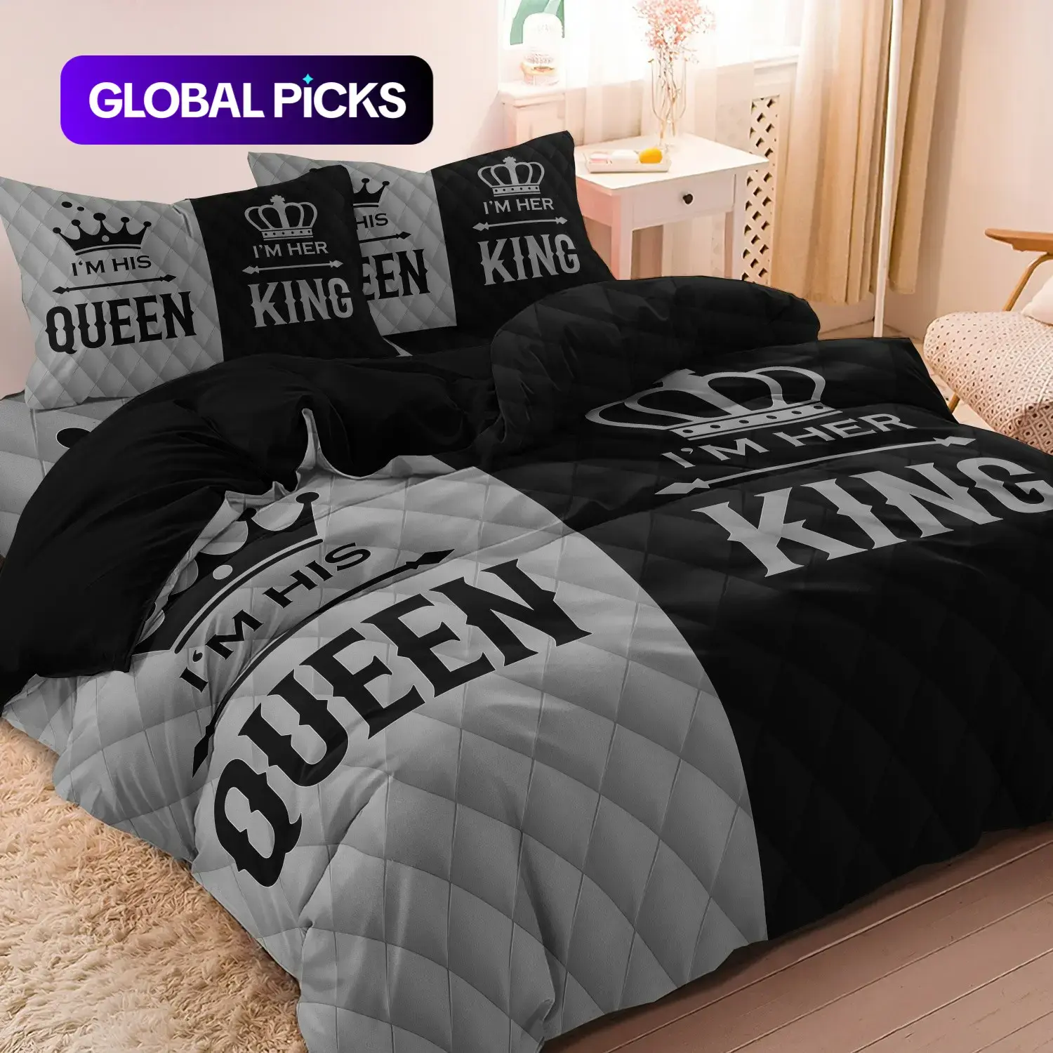 3 Counts/set Crown Couple Pattern Bedding Duvet Cover Set (Including 1 Duvet Cover & 2 Pillowcases), Bedding Set for Family, Hotel, Dormitory Use, Decorative Bedding Set, Letter Printed Bedding Set #GLOBAL PICKS