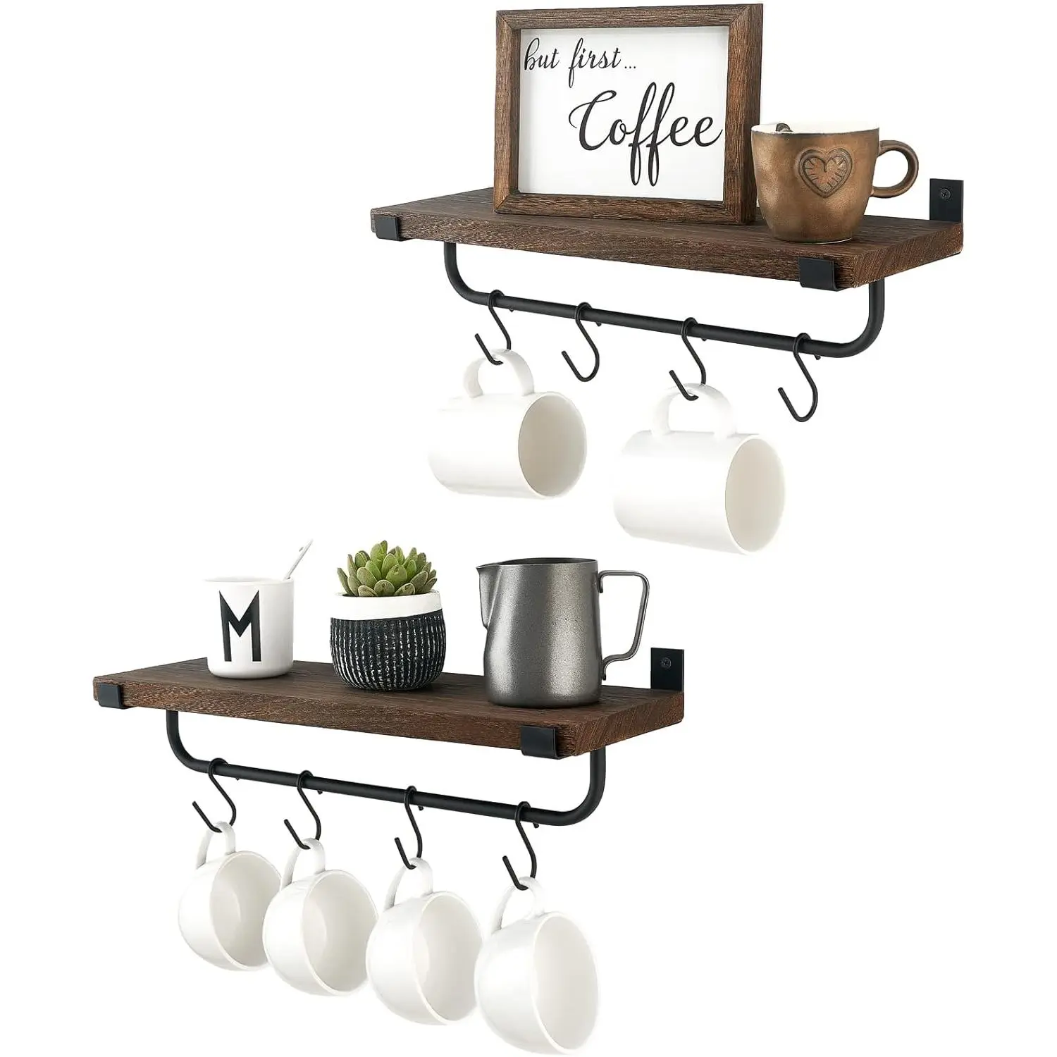 Mkono 2-Pack Industrial Rustic Wood Wall-Mounted Mug Holder with Hanging Metal Hooks, Floating Shelves & Organiser for Coffee Bar, Kitchen Utensils Storage & Home Decor, Brown