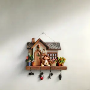 Cute Cartoon House - Shaped Key Hook, Creative Wall Mount Design Wall - Mounted Key Storage Rack for Entryway Decoration, Home - Use Key Organizing Hanging Ornament with Cute Figures and Green Plants