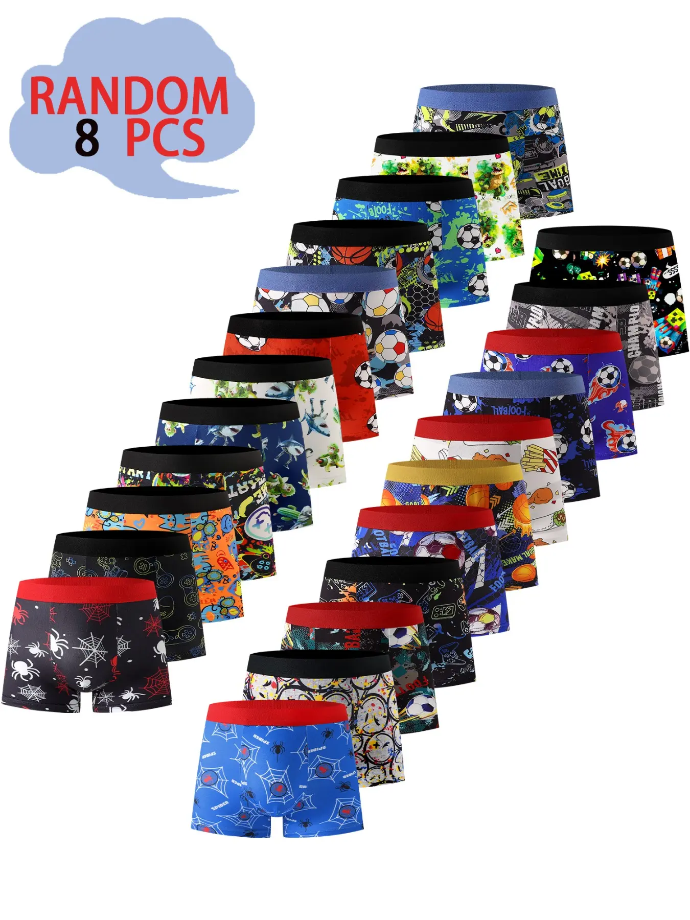 Random 8 Pcs Boys' Printed Underwear, Street Style Graffiti, Outdoor Sports Cycling Swimming, Soft Fabric, Suitable for Ages 4-12