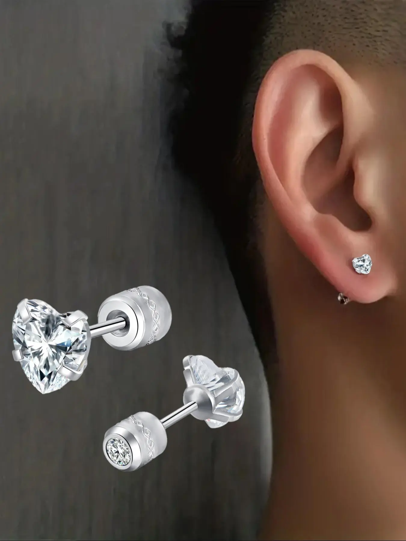 Men's Stainless Steel Ear Cuffs with Zircon Heart Design, Punk Style Daily Jewelry Gift, All Seasons Accessory